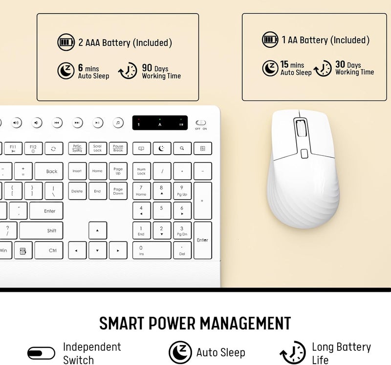 Trueque White Wireless Keyboard and Mouse Combo - Full-Size Quiet Keyboards with Palm Rest, Phone Holder, Multimedia Keys, Batteries Included, Office Key Board Compatible with Windows, PC, Laptop - - Image 5